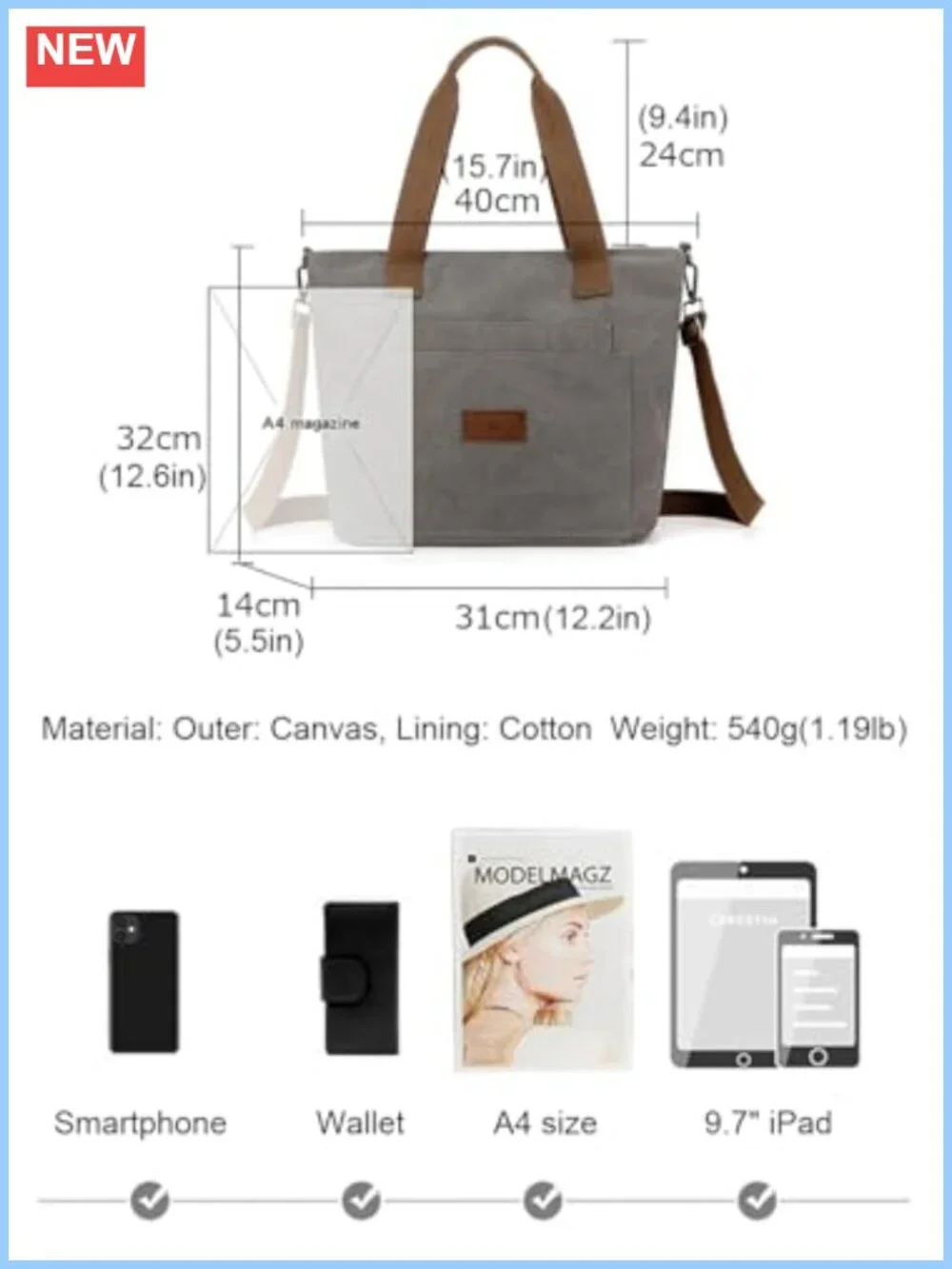 Canvas Tote Bag for Women A4 Handbag with Zipper Shoulder Bag for Shopping
